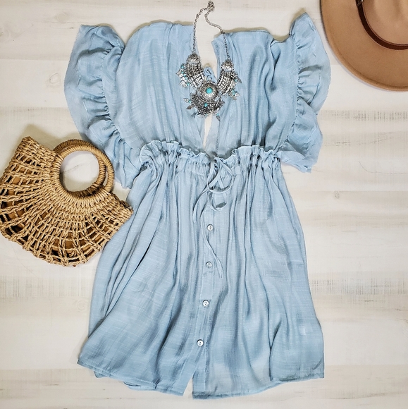New Flowy Flutter Cover Up Mini Dress Deep Plunge Summer Light Blue - Picture 7 of 10